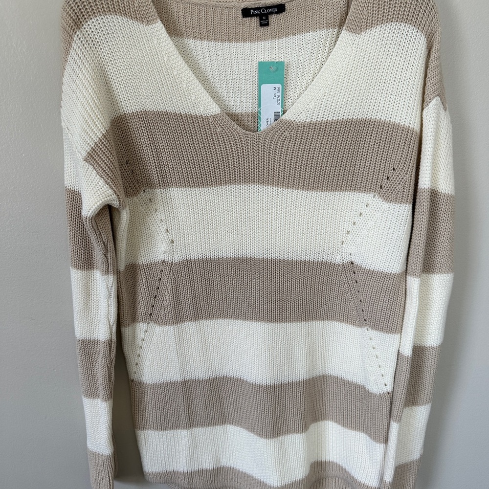 Pink Clover V-Neck Sweater - Cream and Brown Stripes Size M NWT